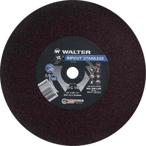 Meule &agrave; tronçonner Ripcut II pour la coupe de l'acier inoxydable sur scies fixes, 14" x 1/8", Arbre de 1", Type 1, Oxyde d'aluminium, 4400 Tr/min Oxford Builders Supplies Inc