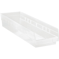 Shelf Bins, 6-5/8" W x 4" H x 23-5/8" D, Clear, 50 lbs. Capacity Oxford Builders Supplies Inc