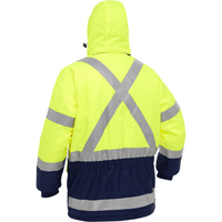 Manteau pour le froid extr&ecirc;me avec bas bleu marin et X au dos Bisley, Polyester, Jaune lime haute visibilit&eacute;, Petit Oxford Builders Supplies Inc